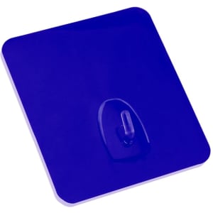 A blue multipurpose hook with a square backing, featuring a central mounting clip. It has a logo on the surface.