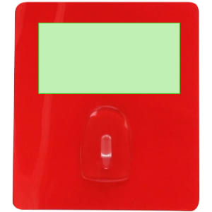 A red multipurpose hook with a transparent attachment at the bottom and a blank area for a label or note.