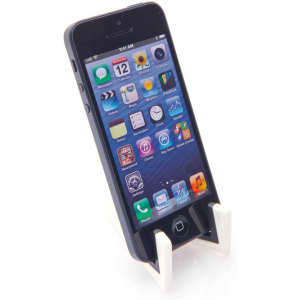A phone stand in white and black, holding a smartphone displaying a home screen with various apps.