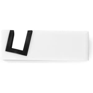A white phone stand with a black accent, featuring a rectangular shape and a cut-out design. It has a logo.