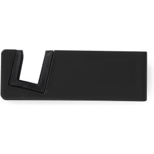 A black phone stand with a minimalist design, featuring a cut-out section for stability and support.