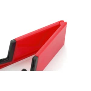 A red phone stand with black accents, featuring a simple and modern design, also includes a logo.