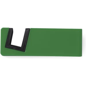 A green phone stand with a black accent, featuring a compact and sleek design and a branding logo.