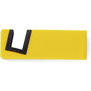 A yellow phone stand with a black accent, featuring a cut-out design and a smooth finish.