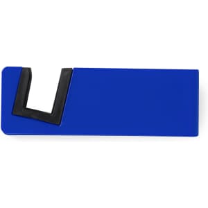 A blue phone stand with a black rubber grip area, featuring a logo on the surface.