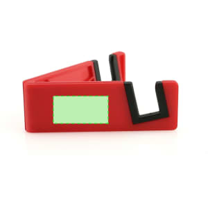 A red phone stand with a black accent and a branding area, designed for supporting mobile devices.