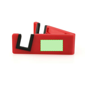 A red phone stand with black accents, featuring a logo. The design is simple and compact.