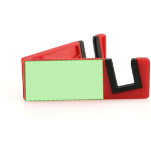 A red phone stand with black accents, featuring a logo. Its design is compact and sleek.