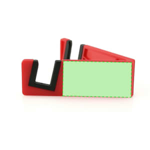 A red and black phone stand with an L-shaped design, featuring a branding area.