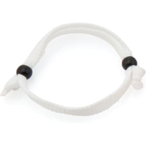 A white bracelet with black beads, crafted from durable material, featuring a simple knot design.