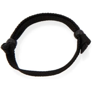 A black woven bracelet with adjustable knots and a smooth bead for closure.