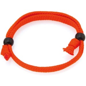 An orange rope bracelet featuring black beads on either side, with adjustable knots for sizing.