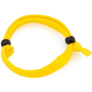 A yellow Mitjansi bracelet made of sturdy cord with two black beads.