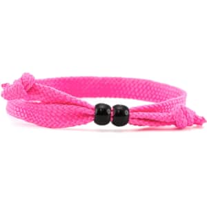 A pink woven bracelet with adjustable knots and black accent beads. It features a simple design suitable for casual wear.