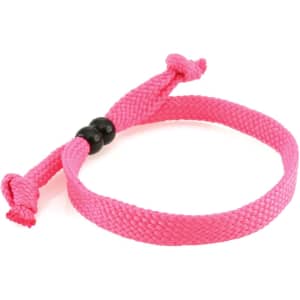 A pink woven bracelet with a sliding knot closure and black accent beads.