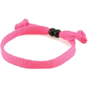 A pink braided bracelet with adjustable knots and black beads, suitable as a clothing accessory.
