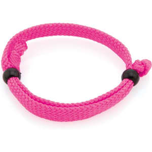A pink Mitjansi bracelet made of braided material, featuring black decorative beads.