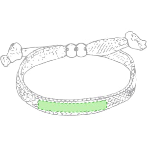 A woven bracelet in natural tones with a green accent in the centre. Includes a logo on the design.