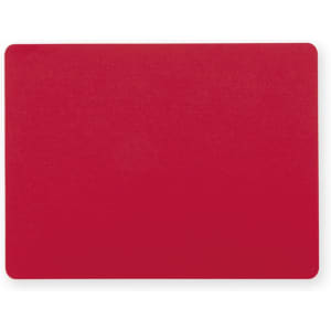 A red placemat with a smooth surface and rounded corners, featuring a logo in the corner.