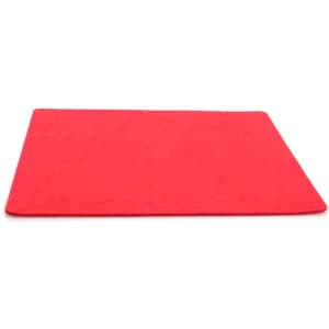 A red placemat made of soft material, with a smooth surface, featuring a branding logo.