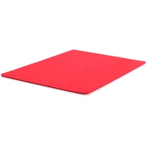 A red placemat with a smooth surface, ideal for protecting surfaces. It features a simple design and has a logo.