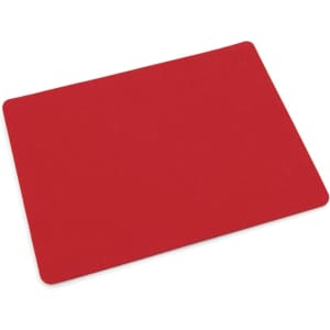 A red placemat with a smooth surface, featuring a simple design and rounded edges, including a logo.