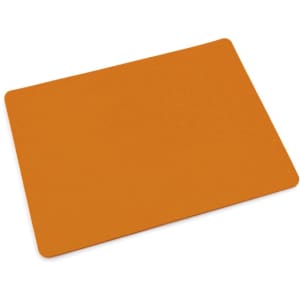 An orange placemat with a smooth surface, suitable for dining or decorative use. It has a logo on one side.