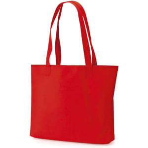 A bright red tote bag with two shoulder straps and a simple design. It has a logo on one side.