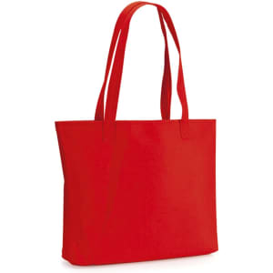 A red tote bag with two long handles and a simple design. It features branding on one side.