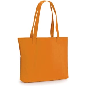 An orange tote bag with two long handles and a flat base. It features a logo on one side.