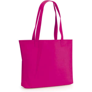 A bright pink tote bag with two sturdy handles and a spacious interior. Features a logo on one side.