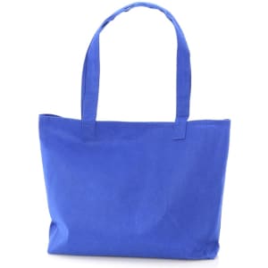 A blue tote bag with two sturdy handles and a simple design. It features a logo on one side.