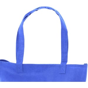 A blue tote bag with two sturdy handles and an open-top design. It features a logo on one side.