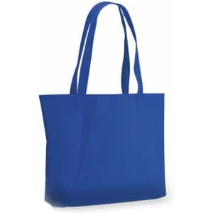 A bright blue tote bag with long handles and a simple design. The bag features a logo.