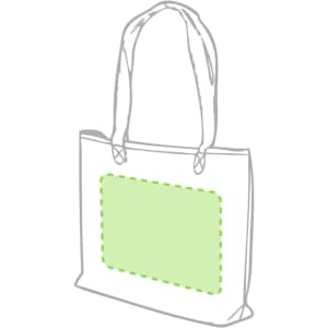 A white tote bag with green accents and handles, featuring a rectangular area for branding or customization.