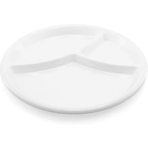 A white serving dish with three divided sections. It features a sleek, smooth surface and a round shape.