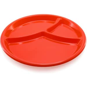 A red serving dish with three compartments and a smooth surface, featuring a logo in the centre.