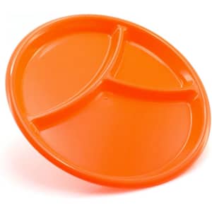 An orange serving dish with three sections, featuring a smooth surface and a curved edge.