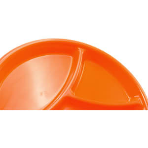 An orange serving dish featuring three sections for food presentation. The dish has a glossy finish.