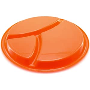 An orange serving dish with three compartments, featuring a smooth surface and a round shape, designed for food presentation.