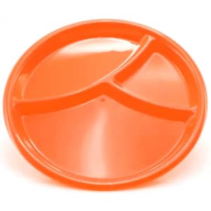 An orange serving dish with three compartments and a smooth, shiny surface. It features a small hole in the centre.