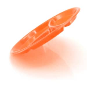 An orange serving dish with two compartments, featuring a smooth, curved design.