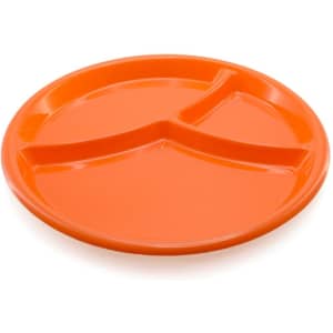 An orange serving dish featuring three sections and a smooth, glossy finish. It has a simple design with a logo.
