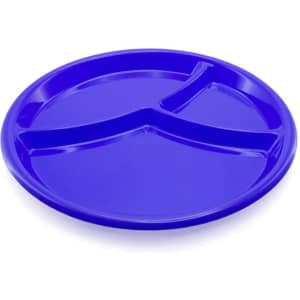 A round, blue serving dish divided into three sections, featuring a smooth surface and a glossy finish.
