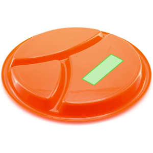 An orange serving dish with three sections and a flat area for labelling. It features a smooth, shiny finish.
