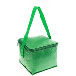A green cooler bag with a zippered top and a sturdy shoulder strap. It has a simple design and a branded logo.