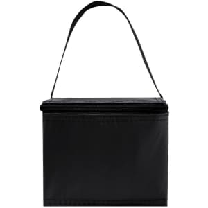 A black cooler bag with a zip closure and a carrying handle. It features a logo on the front.