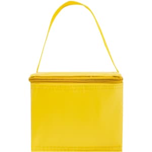 A yellow cooler bag with a zip closure and a handle for easy carrying. It features a simple design with a logo.