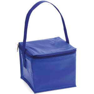 A blue cooler bag with a zip closure and a carrying handle. It has a simple design and features a logo.
