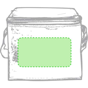 A cooler bag with a zippered top, featuring a rectangular green patch and an adjustable strap.